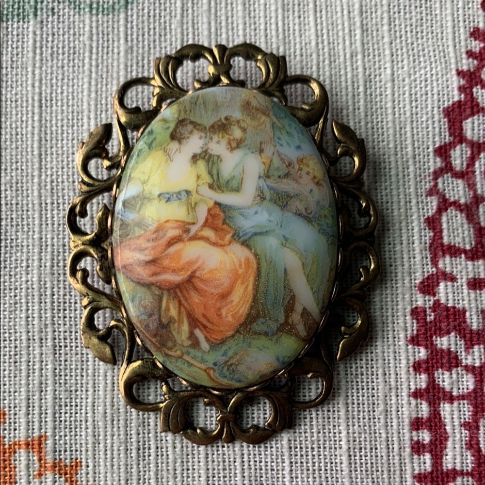 Mid-century Vintage Brooch Woman Comforting Woman